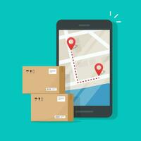 Parcel delivery tracking on cellphone or mobile phone vector, flat cartoon smartphone telephone with city map on screen and pin pointers destination location with packaging boxes, shipping logistic vector