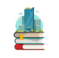 Smart city vector concept icon, flat cartoon university or school buildings on stack of books, idea of technology urban scene sign, knowledge tower or futuristic building modern graphic image