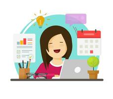 multitarea negocio mujer persona trabajando difícil pero contento en oficina mesa escritorio vector, plano dibujos animados niña sentado sonriente en lugar de trabajo haciendo auditoría o investigación tareas, hora administración idea vector