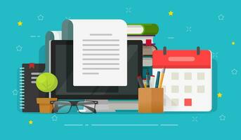 Writing content or essay on computer or reading article vector illustration, flat cartoon working desk and books, letter document or journal on screen, idea of author or writer table or workplace