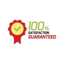 Satisfaction guarantee 100 percent vector label or badge, flat cartoon 100 percentage quality symbol or emblem with red stamp isolated on white image