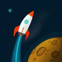 Universe or outer space with planets and rocket or spaceship flying vector illustration, flat cartoon flying rocketship near moon or mars planet surface image