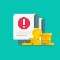 Money error warning alert on document bill or tax debt vector, flat cartoon cash with bad problem payment transaction or not passed transfer, caution income loss or risk attention, scam message vector