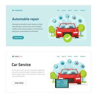 Automobile diagnostic or car test service web site template vector, flat cartoon vehicle and electronic diagnostics tools landing page banner, workshop or repair maintenance station modern design vector