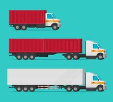 Lorry or cargo truck and delivery automobiles or vehicle with container boxes vector set, flat cartoon freight industry transport, large courier cars and big wagon vans for shipping isolated clipart