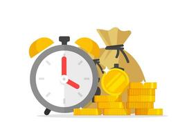 hora y dinero ahorros vector ilustración, plano dibujos animados Temporizador o alarma reloj con un montón de dinero en efectivo, financiero esperando o transacción pago fecha límite, hora salvar éxito