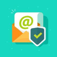 Email protected with shield vector icon, flat cartoon e-mail envelope with document page secure protection concept, idea of private data defence, encryption or antivirus tech sign or symbol