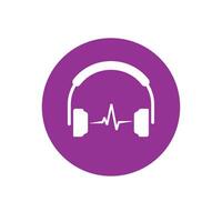 Headset vector icon isolated, flat simple headphones silhouette in violet circle symbol and audio waves, idea of modern radio or sound studio logotype clipart