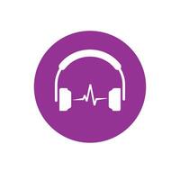 Headset vector icon isolated, flat simple headphones silhouette in violet circle symbol and audio waves, idea of modern radio or sound studio logotype clipart