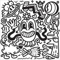 Doodle, black and white drawing of a drawing of cartoon characte vector