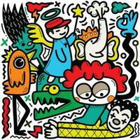 Doodle, hand drawn illustration of colorful cartoon characters, vector