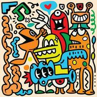 Doodle, hand drawn illustration of colorful cartoon characters, vector