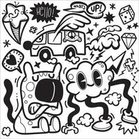 Doodle, black and white drawing of a drawing of cartoon characte vector