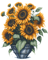 A painting of a bouquet of sunflowers in a basket. AI-Generated. png