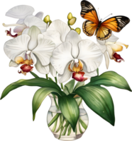 A painting of a bouquet of orchids and a butterfly. AI-Generated. png