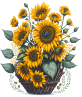 A painting of a bouquet of sunflowers in a basket. AI-Generated. png