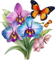 une La peinture de une bouquet de orchidées et une papillon. ai-généré. png