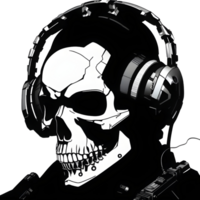 Skull wearing headphones. AI-Generated. png