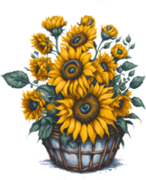 A painting of a bouquet of sunflowers in a basket. AI-Generated. png