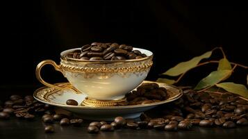 Coffee beans in ornate cup. Generative AI photo