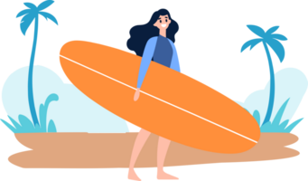 Hand gezeichnet Tourist Teen Zeichen sind spielen Surfbretter beim das Meer im eben Stil png
