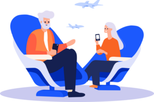 Hand Drawn Elderly couple sitting on a plane to travel in flat style png