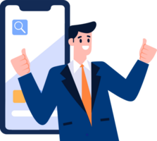 Hand Drawn Businessman with smartphone in online business concept in flat style png