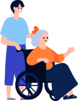 Hand Drawn Elderly person sitting in a wheelchair and child in flat style png