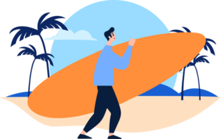 Hand Drawn Tourist teen characters are playing surfboards at the sea in flat style png