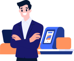 Hand Drawn Businessman or office worker character with laptop in flat style png