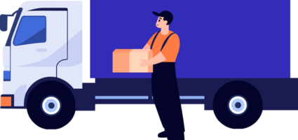 Hand Drawn Delivery man with delivery truck in flat style png