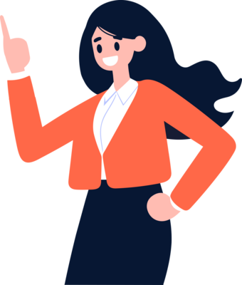 A happy confident girl in a cartoon flat style. A woman shows