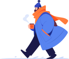 Hand Drawn A man wearing winter clothing walks on a path filled with snow in flat style png