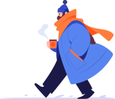 main tiré une homme portant hiver Vêtements des promenades sur une chemin rempli avec neige dans plat style png