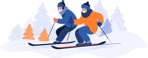 Hand Drawn couple character playing ice skating in winter in flat style png