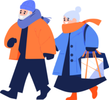 Hand Drawn couple wearing winter clothing walks on a path filled with snow in flat style png