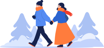 Hand Drawn couple wearing winter clothing walks on a path filled with snow in flat style png