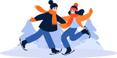 Hand Drawn couple character playing ice skating in winter in flat style png