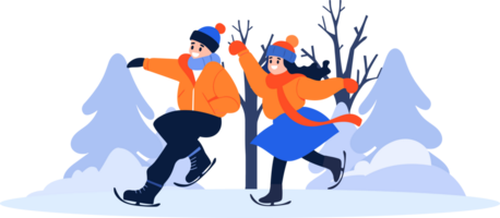 Hand Drawn couple character playing ice skating in winter in flat style png