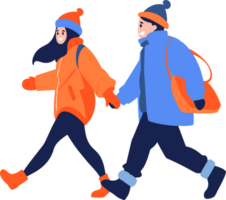 Hand Drawn couple wearing winter clothing walks on a path filled with snow in flat style png