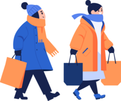 Hand Drawn couple wearing winter clothing walks on a path filled with snow in flat style png