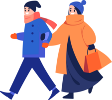 Hand Drawn couple wearing winter clothing walks on a path filled with snow in flat style png