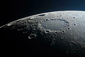 Close-up of the moon through a telescope with craters visible. photo