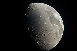 Close-up of the moon through a telescope with craters visible. photo