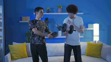 Friends are exercising together at home. video