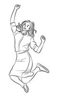 Vector woman happy jumping pose character cartoon line art illustration