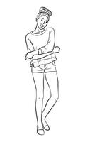 girl standing pose character cartoon line art illustration vector