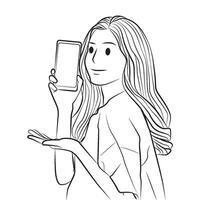 girl holding phone for promotion character cartoon line art illustration vector