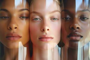 AI Generated Image closeup of three gorgeous women. Diverse women photography with minimalist style for product or service brand presentation photo