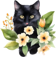 Flowers and black cat clipart for decoration in many projects. AI-Generated. png